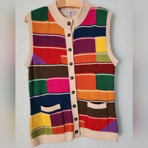 LAM Alpaca Colorful Multicolor Cardigan Vest - Picture 1 of 8